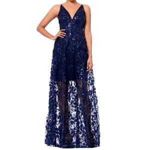 X BY XSCAPE 3D Floral-Appliqué Sequined Gown 6‎ Navy Dress